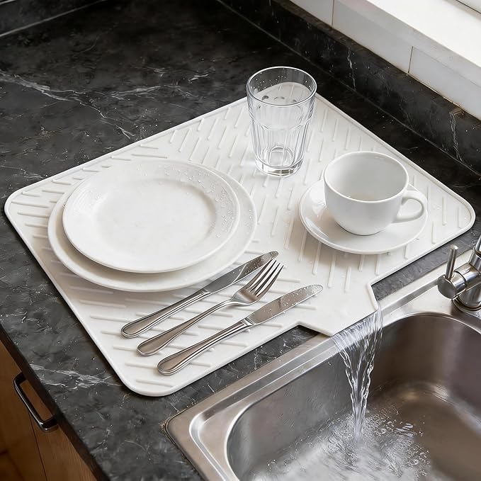 Silicone Dish Drying Mat for Kitchen Counter, 23" x 17" White-1pcs | Heat Resistant & Non-Slip Dish Drain Pad with Built-In Drain, Quick-Dry, Hangable & Roll-Up for Storage，Multi-Functional Use