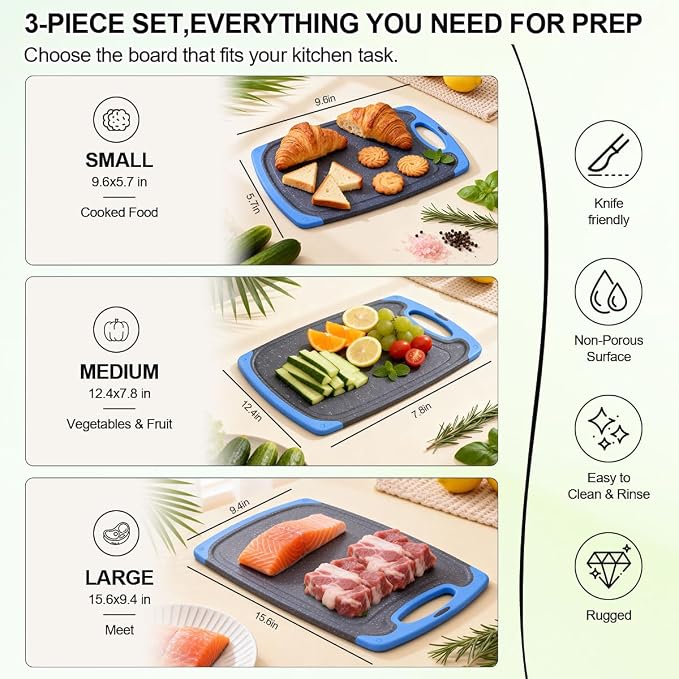 Viretang Non Slip Cutting Board Set For Kitchen, 3 Pieces, Dishwasher Safe | Blue Plastic Chopping Boards with Juice Grooves, Easy Grip Handle,Grinding Area for Grinding Garlic and Ginger,Non BPA
