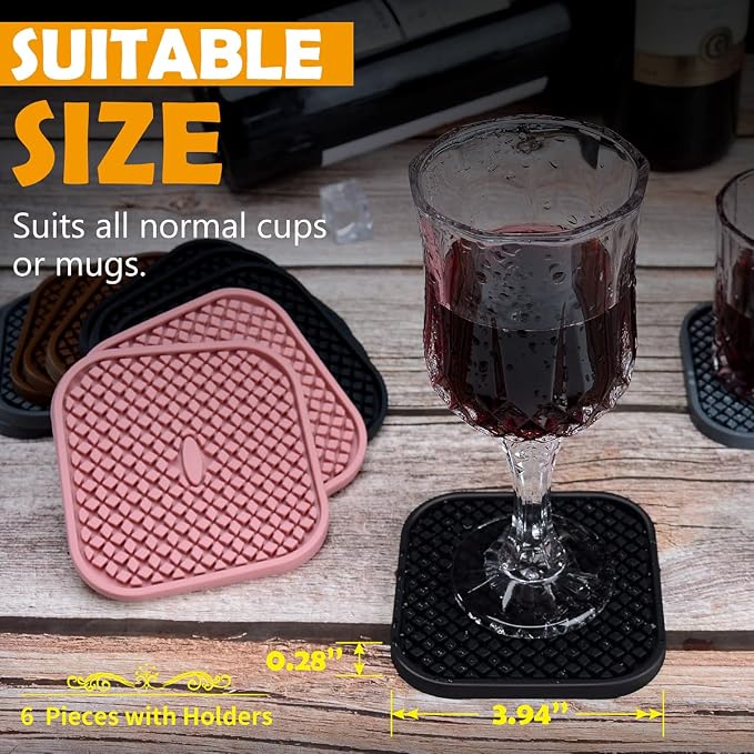 IYYI Silicone Coasters Set of 6, Drink Coasters with Holder, Non-Slip Cup Mat, Deep Tray Absorbent Coaster, Heat Resistant Countertop Protection (Black-Square)