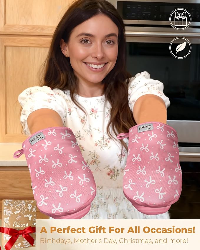 100% Thick Cotton Mini Oven Mitts Silicone Grip Girly Pink Bow | Girly Cute Oven Mitts for Women, Machine Washable, Non-Slip, Reversible Design Fits Both Hands, Stylish Kitchen Decor