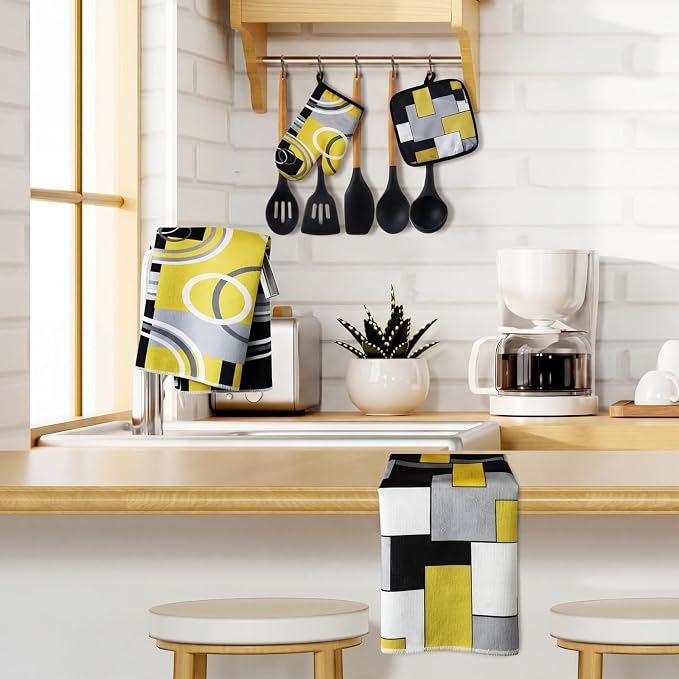 Jingmore 6 Pcs Kitchen Decor Set Accessory Farmhouse Kitchen Towels Pot Holders Oven Mitts Set 2 Dish Towels 2 Pot Holders 2 Cooking Mittens Oven Glove for Cooking(Black, Yellow, Gray,Geometric)