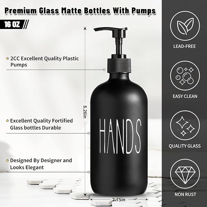 COHOSEGE Glass Soap Dispenser Set 2 Pack,Contains Hand and Dish Soap Dispenser.Premium 16 Oz Black Kitchen Soap Dispenser Set for Kitchen Sink and Farmhouse Decor