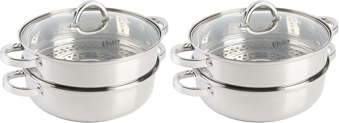 Oster Sangerfield 11-Inch Stainless Steel Everyday Cookware Pan with Steamer and Lid – Durable Nonstick Frying Skillet for Kitchen Cooking (Pack of 2)