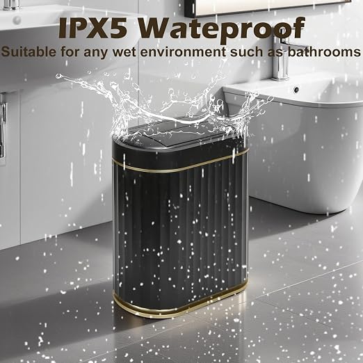 SYNCVIBE Bathroom Sensor Trash Can, 2 Gallon, Butterfly Lid, Black Gold | Automatic Garbage Can, IPX5 Waterproof Slim Trash Bin, Under-Counter Wastebasket for Kitchen, Living Room and Bathroom