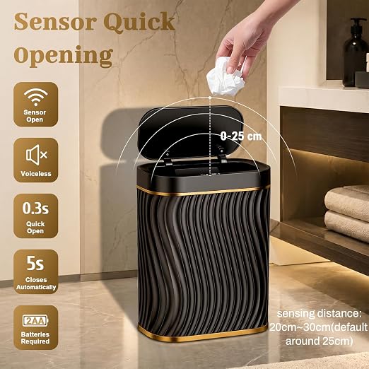 2.6 Gallon Automatic Bathroom Trash Can with Touchless Lid, Black Gold | Motion Sensor Trash Can with Slim Waterproof Body; Small Plastic Garbage Can, hands-free lid for Bedroom, office, and kitchen