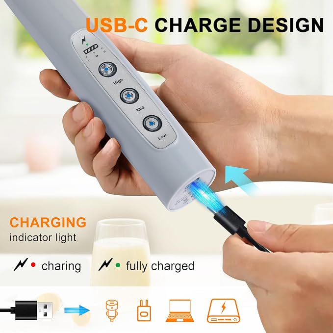 YUSWKO Handheld Milk Frother Wand for Coffee, Rechargeable Electric Whisk with 3 Heads 3 Speeds Drink Mixer Coffee Frother For Latte, Cappuccino, Hot Chocolate, Egg, Cement Gray
