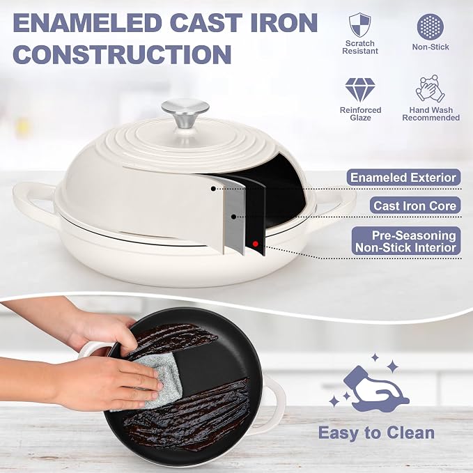 TeamFar Cast Iron Bread Dutch Oven, 6 Qt Enameled Dutch Oven Pot | for Sourdough Bread Baking, with Tall Dome Lid & Round Base Pan, Self-Basting & Even-Heating, Heavy-Duty & Non-stick, White