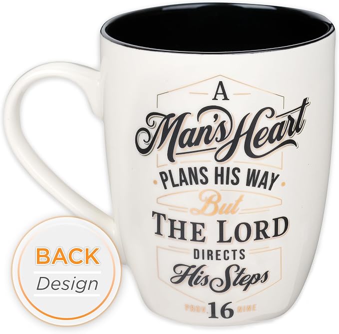 Christian Art Gifts Inspirational Ceramic Coffee & Tea Scripture Mug for Men: A Man's Heart Encouraging Bible Verse Proverb, Novelty Drinkware, Golden Foil Accents, White & Black, 12 oz.