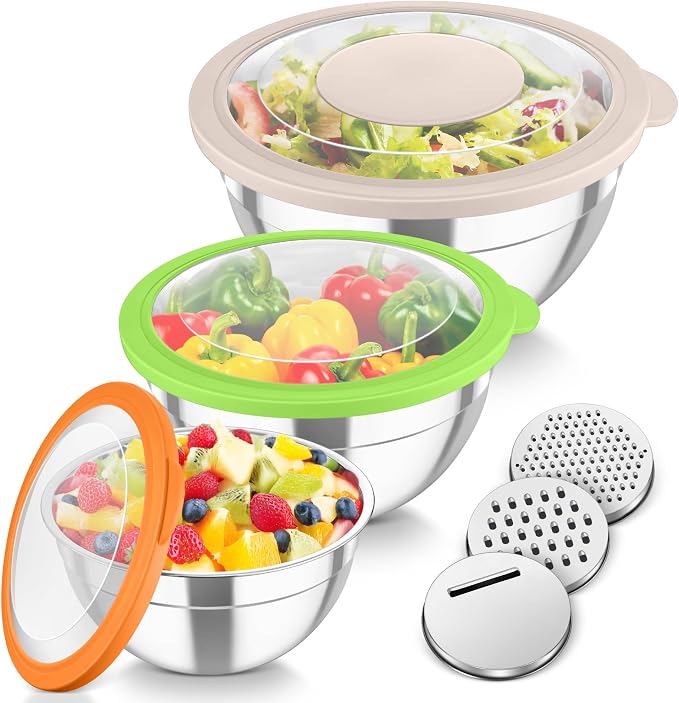 TeamFar Mixing Bowls, 3PCS Stainless Steel Serving Salad Bowls | with Lids & 3 Graters for Kitchen Mixing/Baking/Storing/Prepping, Visible & Airtight, Easy Clean - 4.5/3/1.5 QT, Multi-color