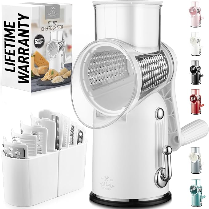 Zulay Kitchen Rotary Cheese Grater 5 Blade Cheese Shredder - Manual Hand Crank Cheese Grater With Reinforced Suction & 5 Interchangeable Drums - Easy to Use, Vegetable Chopper Round Mandoline Slicer