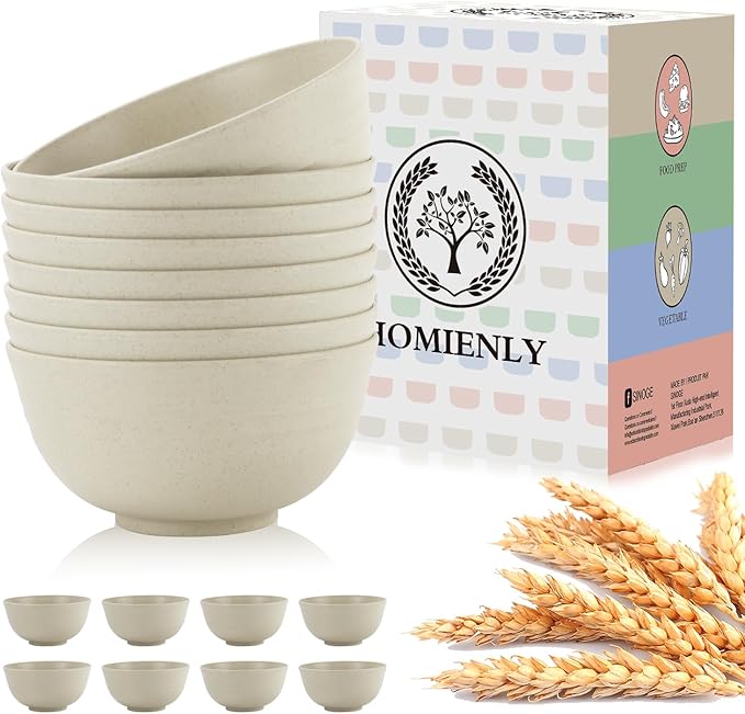 Unbreakable Cereal Bowls, Unbreakable Plastic Bowls Alternatives Set of 8, Wheat Straw Bowl for Kitchen,Camping, RV, Party, Microwave Safe Bowl Set for Cereal, Soup, Salad (Beige, 26 OZ)