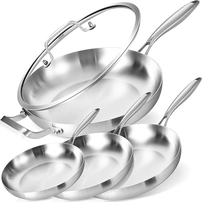 8-10-12-14'' Frying Pan Set with A Lid | Tri-Ply Stainless Steel Skillet | Fast & Even Heating | Stay-Cool Detachable Handle | Dishwasher and Oven Safe | Induction Ready | For Modern Home Kitchens