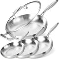8-10-12-14'' Frying Pan Set with A Lid | Tri-Ply Stainless Steel Skillet | Fast & Even Heating | Stay-Cool Detachable Handle | Dishwasher and Oven Safe | Induction Ready | For Modern Home Kitchens