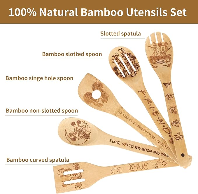 Wooden Spoon for Cooking- Cartoon Wooden Spoons Bamboo Utensils Set Kitchen Decoration- Birthday Gift Kitchen Accessory with Cute Apron Oven Mitt Potholder- Best Kitchen Gifts for Women Friends (Grey)