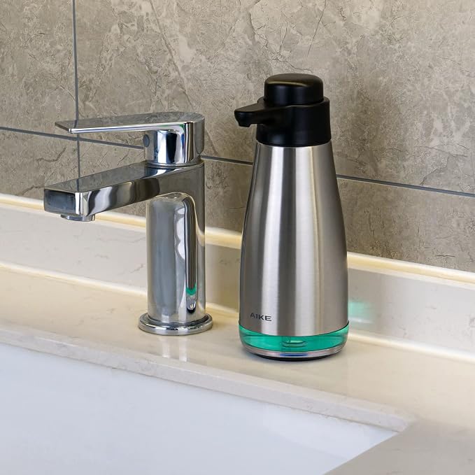 AIKE 15oz Liquid Soap Dispenser for Dish and Hand Soap Stainless Finish | Easy Push Durable Pump, No-Slip Base with Clear Liquid Window, Easy Refill Wide Opening, for Kitchen Sink and Bathroom