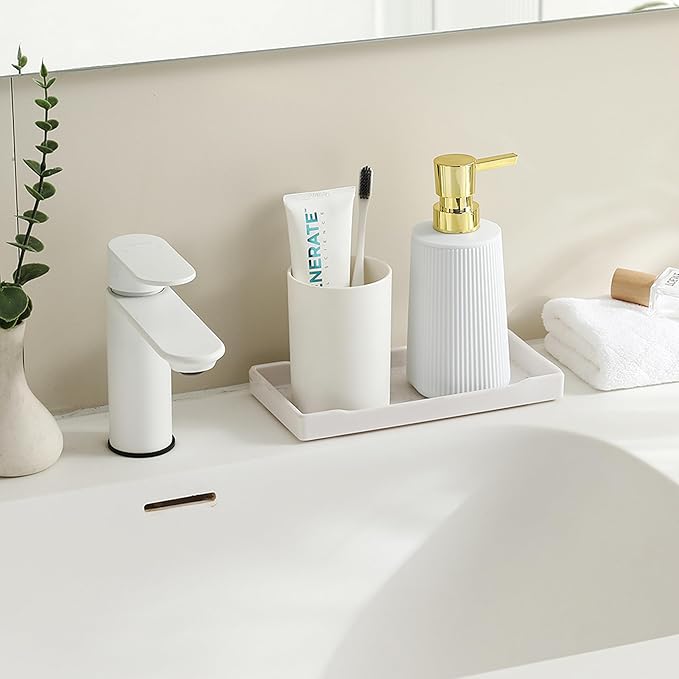 YAUKPH Small Soap Dispenser for Bathroom and Kitchen Matte White and Gold | Modern Farmhouse Striped Style Plastic Hand Soap Dish Soap Dispenser with Pump