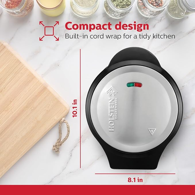 Holstein Housewares Stainless Steel 2 Section Omelet & Frittata Maker, Non Stick Coating, Easy To Clean, Indicator Lights, Compact Storage, Prepare Versatile Recipes in Minutes. 2 Portions, Black
