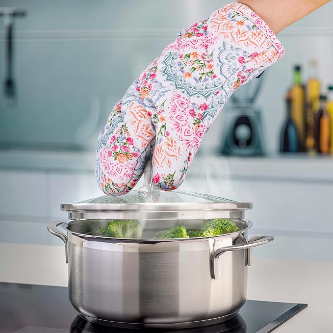 BONTHEE Oven Mitt Extra Long Cotton Cooking Kitchen Mitts with Non-Slip Striped Oven Mitts for Cooking Baking Grilling - Mandala - Oven Gloves - 2PCS