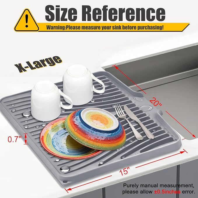 TIKNIK Silicone Dish Drying Mat for Kitchen Counter, Grey-1pcs, 20" x 15" | Heat Resistant & Non-Slip Dish Drain Pad with Built-In Drain, Dishwasher Safe, Quick-Dry, Hangable & Roll-Up for Storage