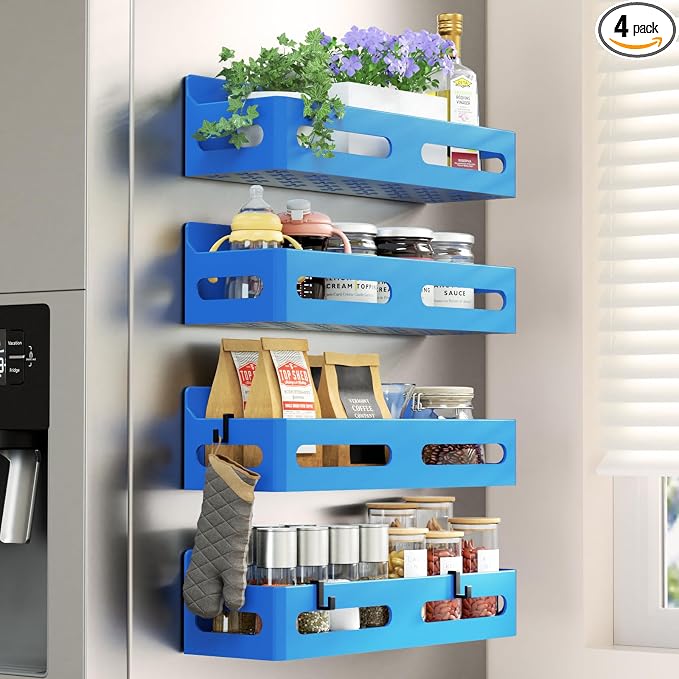 4-Pack Magnetic Spice Rack for Refrigerator with Hooks, Blue | Strong multipurpose magnetic shelf for kitchen & bathroom organization. Includes 4 removable hooks for hanging items.