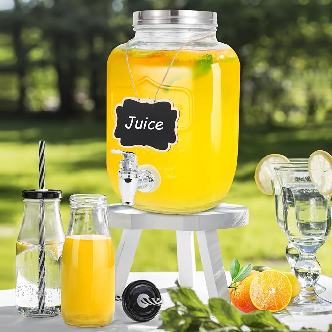 Drink Dispenser With Spigot,1 Gallon Glass Drink Dispensers For Parties,Beverage Dispenser with Fruit Infuser Sun Tea,Lemonade & Juice Dispenser for Parties, BBQ,Picnic,Weddings & Events