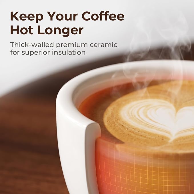 DeeCoo 11 oz White Cappuccino Mug- Large Ceramic Coffee Cup with Saucer - Microwave and Dishwasher Safe, Perfect For Tea, Espresso, Latte - Porcelain Set for Kitchen or Cafe, Baristas, Great Gift