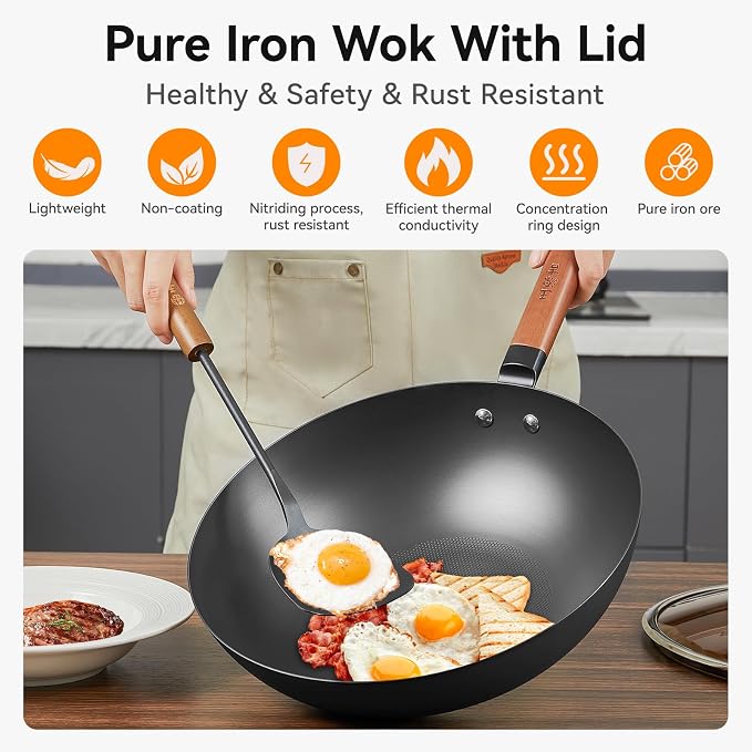 WANGYUANJI 12.6" Carbon Steel Wok Pan with Lid, Flat Bottom Chinese Wok | Lightweight Stir Fry Pan with Wooden Handle, Induction Cookware for Electric, Gas & Glass Top Stoves, No Coating, 2.5lb