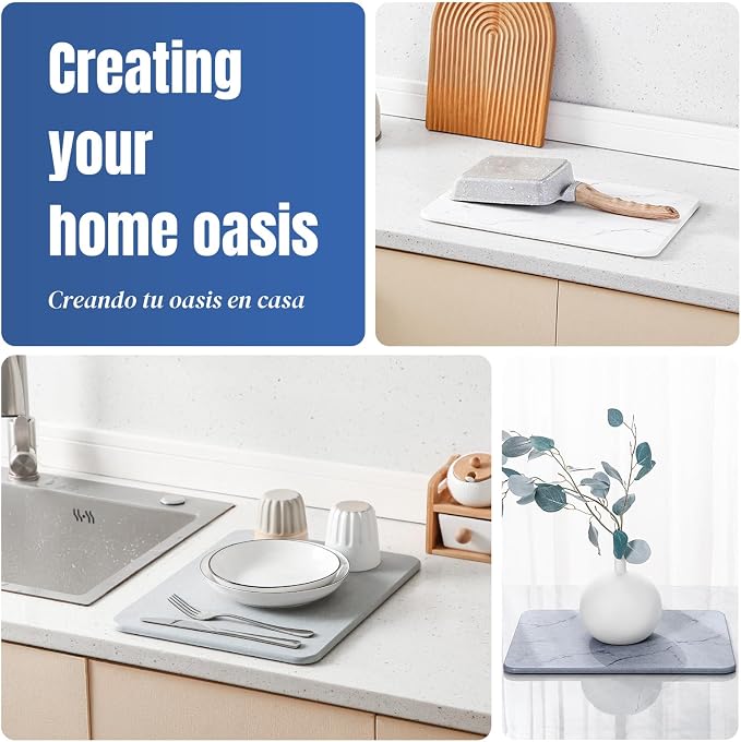 Quick Dry Stone Drying Mat for Kitchen Counter, Water-Absorbent Diatomaceous Dish Drying Mats, Multi-Purpose Stone Drying Tray for Cups Dishes Bottles