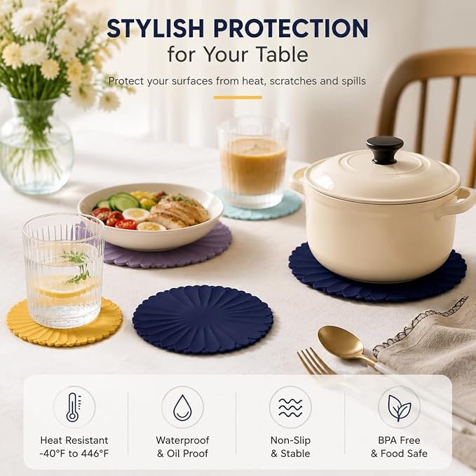 Heat-Resistant Silicone Trivet Mats, Non-Slip Hot Plate Holder for Kitchen Countertops & Dining Table, Reusable Pot Holder Pad with Secure Grip, Dishwasher Safe (Blue, Diameter: 18cm/7.09")