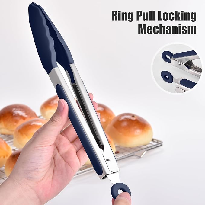 Doosu Kitchen Tongs with Silicone Tips for Cooking Serving (3Pcs, Navy) | 600°F Heat Resistant Food Tong, Heavy Duty Stainless Steel Locking Tong for BBQ, Grilling Steak, Salad, Toast, Pasta