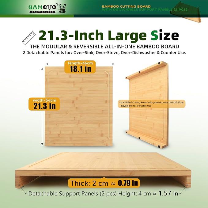 BAMOTTO CRAFTBAMBOO 18.1x21.3 Inch Large Bamboo Cutting Board | 2 Detachable Support Panels | Reversible Juice Grooves | Stovetop & Dishwasher Cover | Over Sink | Tray and Carving Board