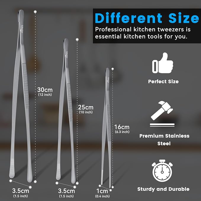 HOTEC Kitchen Tweezers Tongs Stainless Steel Professional Chef Tweezers, Set of 3-6.3", 10" and 12inch Food Tongs for Cooking, Repairing, Dessert, BBQ, Meat, Pasta