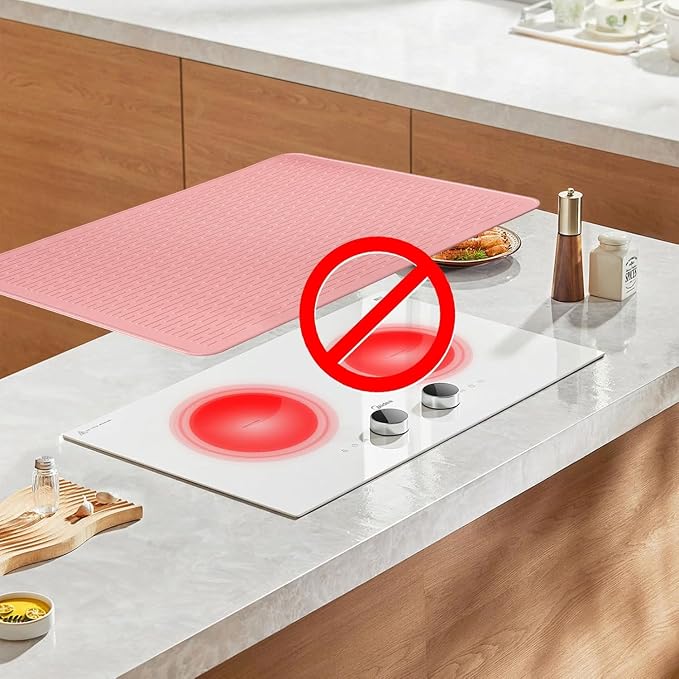 Stove Top Cover for Electric Stove - Food Grade Ceramic Stove top Cover, Silicone XXL Dish Drying Mat, Glass Cooktop Covers, Flat RV Range top Mats (Pink Thickened,30x21)