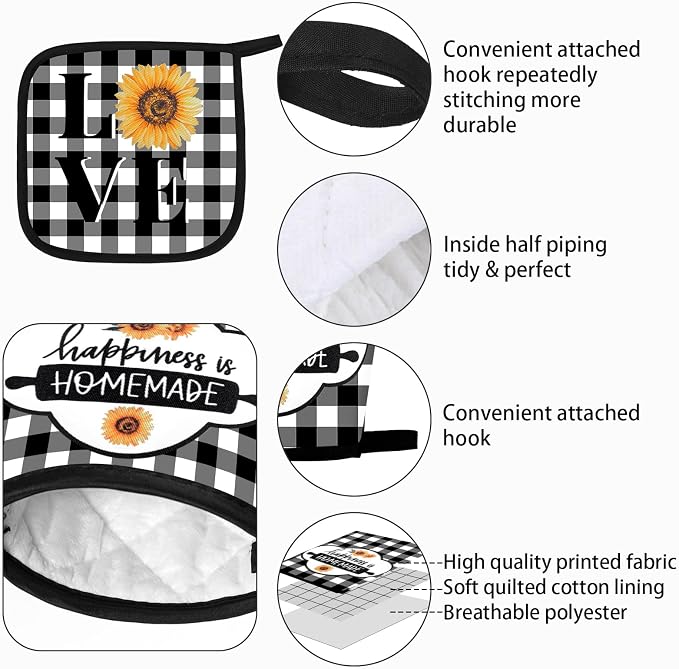 5 Pcs Buffalo Plaid Kitchen Towels Oven Mitts and Pot Holder Set,Sunflower | Sunflower Checkered Kitchen Decor, Black White Kitchen Towel Oven Glove, Sunflower Farm House Accessory Decor, High Quality