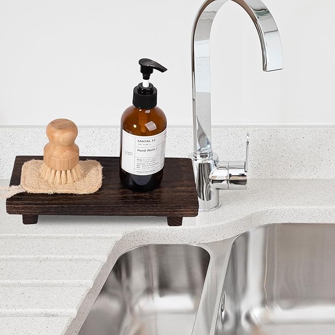 Wood Bathroom Tray Farmhouse Decor Kitchen Soap Holder, 10"x4.5" Drak Brown | Waterproof, Lightweight, Easy Clean, Small Wooden Riser Pedestal Stand Accessories for Office Desk, Vanity, Counter, Sink
