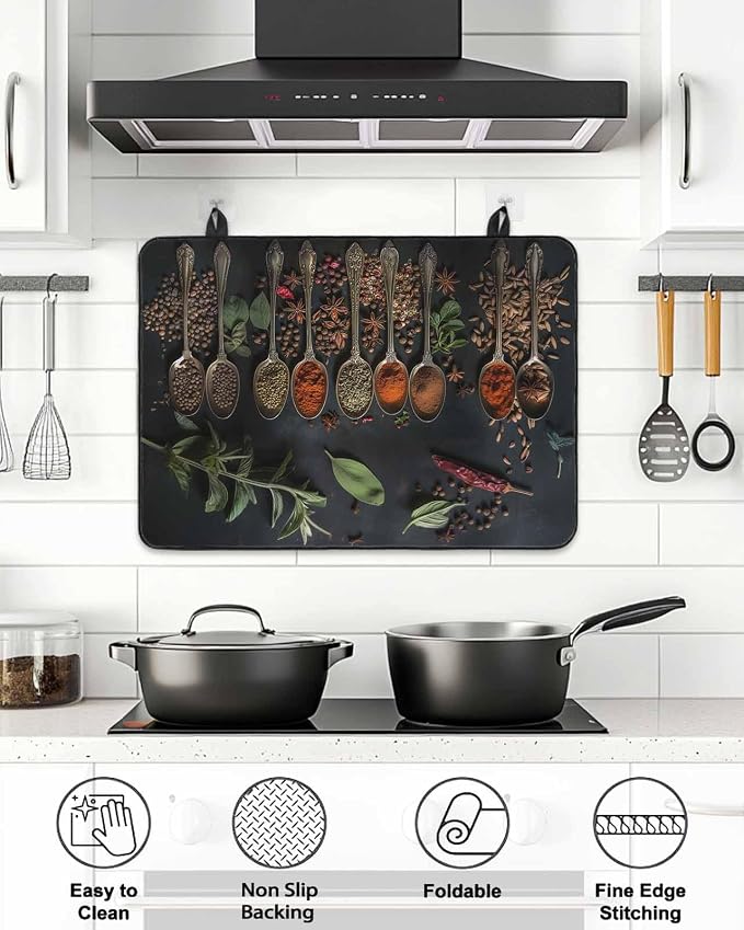 Stove Top Covers for Electric Stove 28.5x20.5 Inches, Kitchen HeatResistant Glass Cooktop Protector, Condiment Leaves Pepper Beans Cooking Utensil Ceramic Stovetop Countertop Covers Mat, Oven Cover