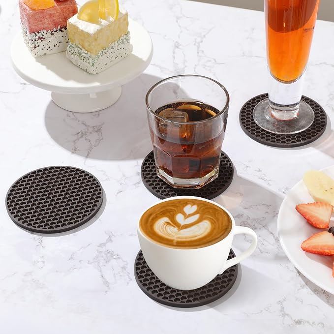 TWTLi Silicone Coasters Set of 12 with Holder — Non-Slip Drink Coasters for Coffee Table, Home Bar & Kitchen, Protects Wood & Marble Surfaces from Water Rings, Dishwasher Safe (Coffee)