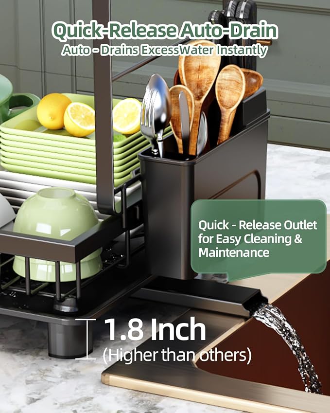 2-Tier Dish Drying Rack for Kitchen Counter, Space-Saving, Black | Rustproof Carbon Steel, Auto Drain Spout, Space-Saving Dish Rack with Drainboard, Utensil & Cup Holders, Countertop Organizer