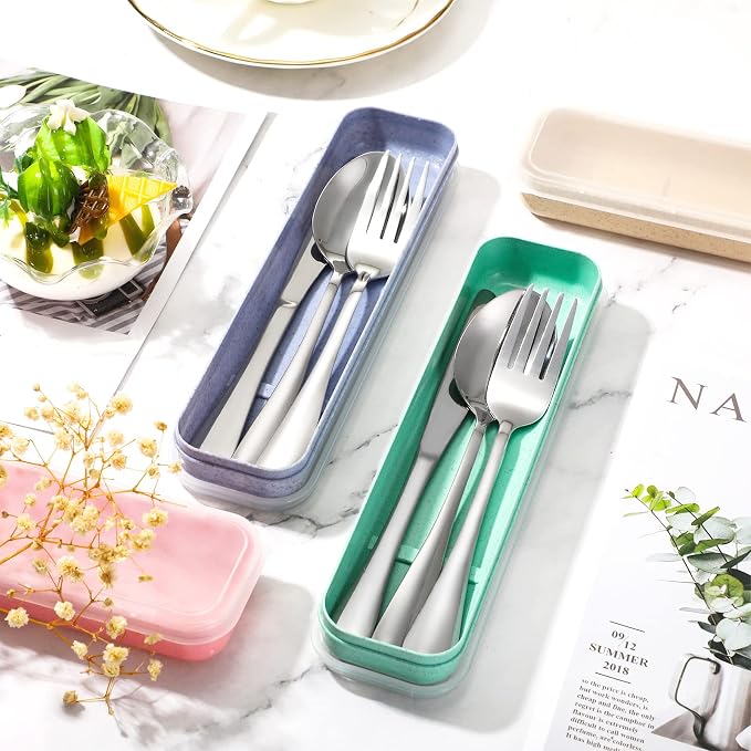 4 Pack Travel Silverware Set with Case for Lunch,Beige | Reusable Utensils with Case, Portable Flatware, Camping Cutlery, Fork Spoon Knife, for Work School, Dishwasher Safe