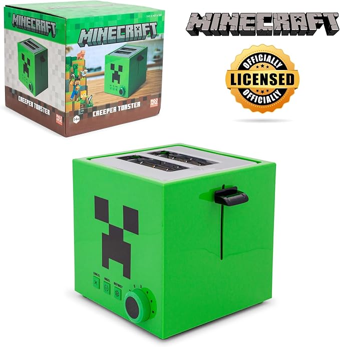 Minecraft Green Creeper 2-Slice Toaster For Bagels, Waffles, and Breads | Features 6 Settings With Defrost Option | Imprints Creeper Symbol On Bread
