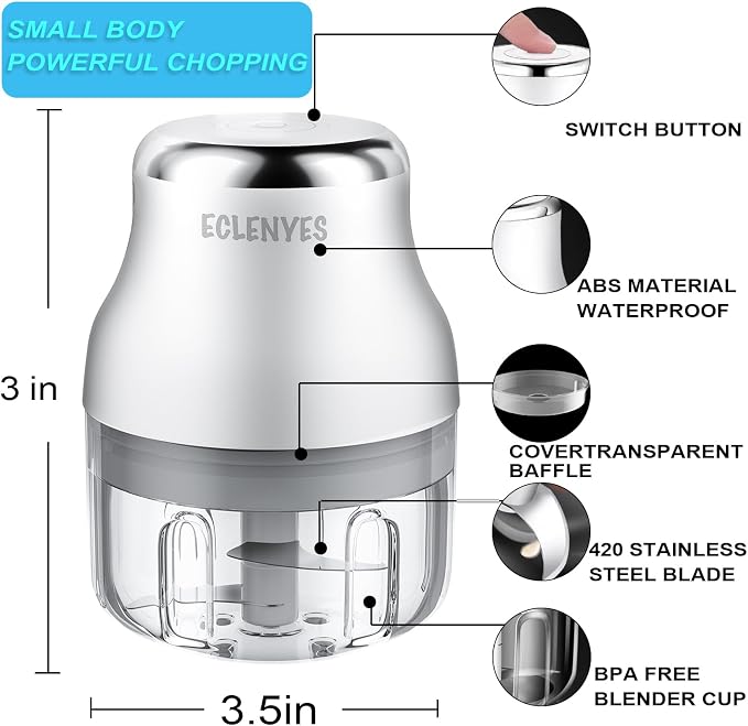 Vegetable Chopper, 100ML Electric Garlic Chopper, USB Rechargeable Mini Blender, Powerful Small Food Processor, Blender to Vegetable, Wireless Food Cutter for Ginger, Chili, Fruit, Meat, etc