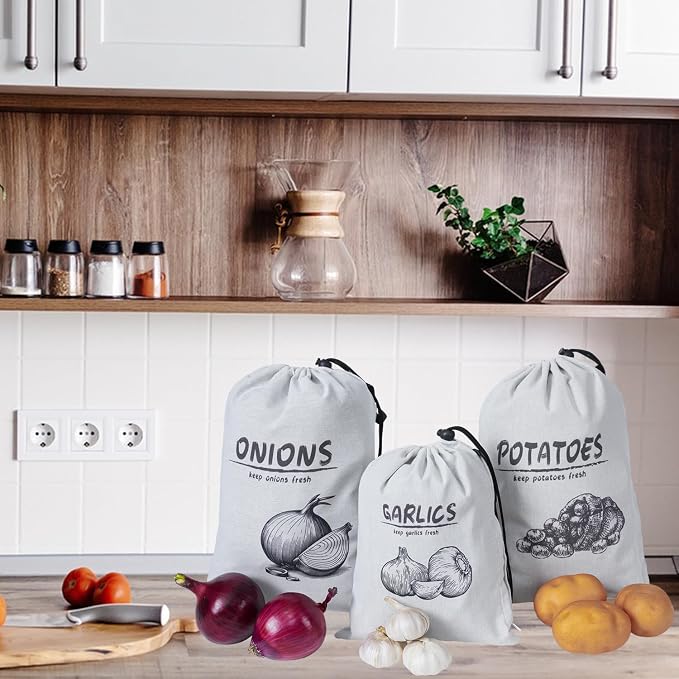 Potato Onion Garlic Storage Bag, Reusable Potato Onion and Storage Bag for Pantry, Vegetable Storage Bags with Drawstring Closure, 3 Packs (Potato Onion Garlic Bag)
