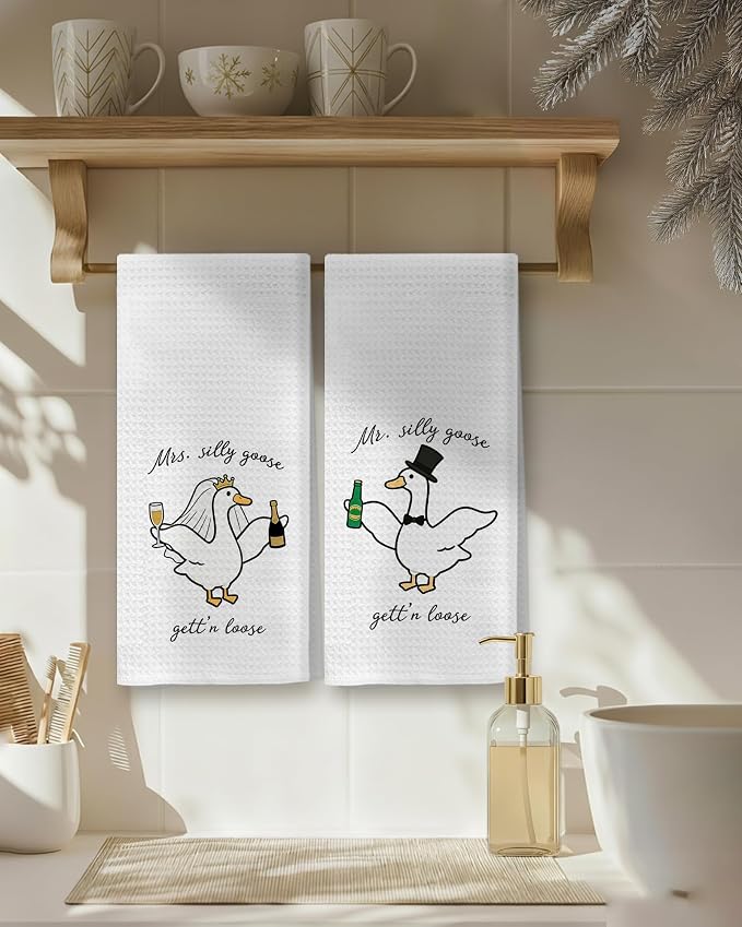 Funny Goose Kitchen Towels, Bachelorette Party Gifts Dish Tea Towels for Kitchen Decor, Engagement Newly Engaged Gifts for Couples Decorative Hand Towel for Bathroom, 16x24 Inch Set of 2
