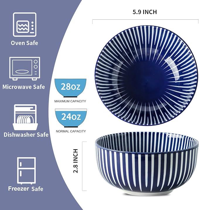 Ceramic Soup Bowls, 28 Ounces Cereal Bowls for Oatmeal, Dessert and Pasta, Japanese Style Large Rice Bowls Set of 6, Prefect for Kitchen,Gift, Dishwasher & Microwave Safe, Vintage Blue