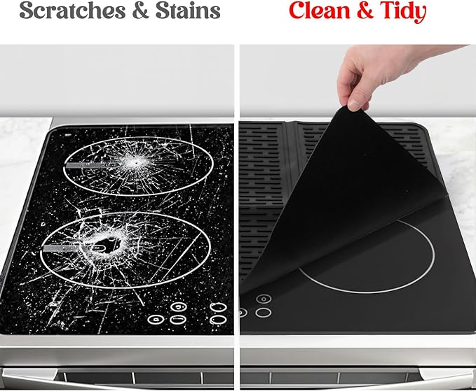 Suclain Stove Top Cover for Electric Stove 28" x 20" Foldable Glass Cooktop Protector Black Flat Silicone Mat Induction Ceramic Cooktop Oven Top Cover Dish Drying Mat for Christmas gifts