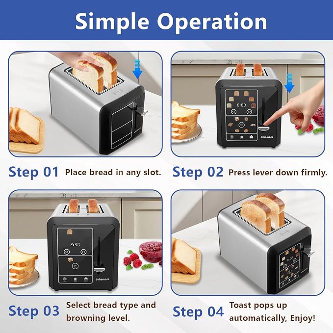 SAKAMOSH 2-Slice Touchscreen Toaster with bagel function | Even Toasting, 6 Browning Levels, Defrost and Cancel, Wide Slots Fit Thick Bread, Easy-clean Tray, Ideals for Busy Mornings