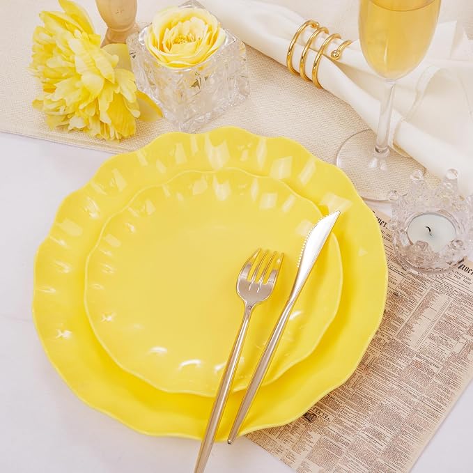 LIYH 24Pcs Yellow Plastic Plates Reusable, Dinner And Salad Set For Parties | Heavy Duty Scalloped Unbreakable Tableware, Reusable Or Disposable Style For Spring Picnics, Birthdays, Holiday Dinners