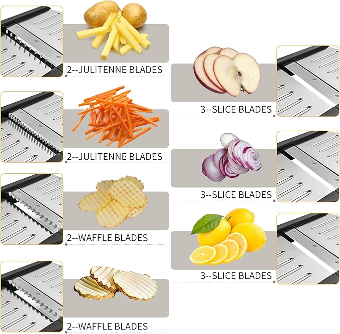 -BINGBING- Mandoline Slicer for Kitchen, 7-in-1 Adjustable Vegetable Slicer | Stainless Steel Food slicer, Adjustable Blade, Slices, Julienne, Waffle and French Fries Cut, Includes Gloves and Brush