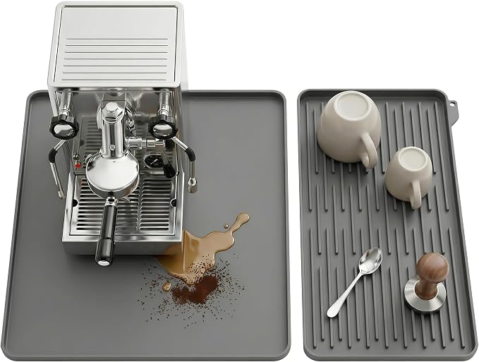 Silicone Coffee Mat for Countertop, 16x16 inch Heat Resistant Espresso Machine Mat, Non-Slip Coffee Bar Mat with Detachable Drying Area and Raised Edge, Waterproof Station Pad - Grey