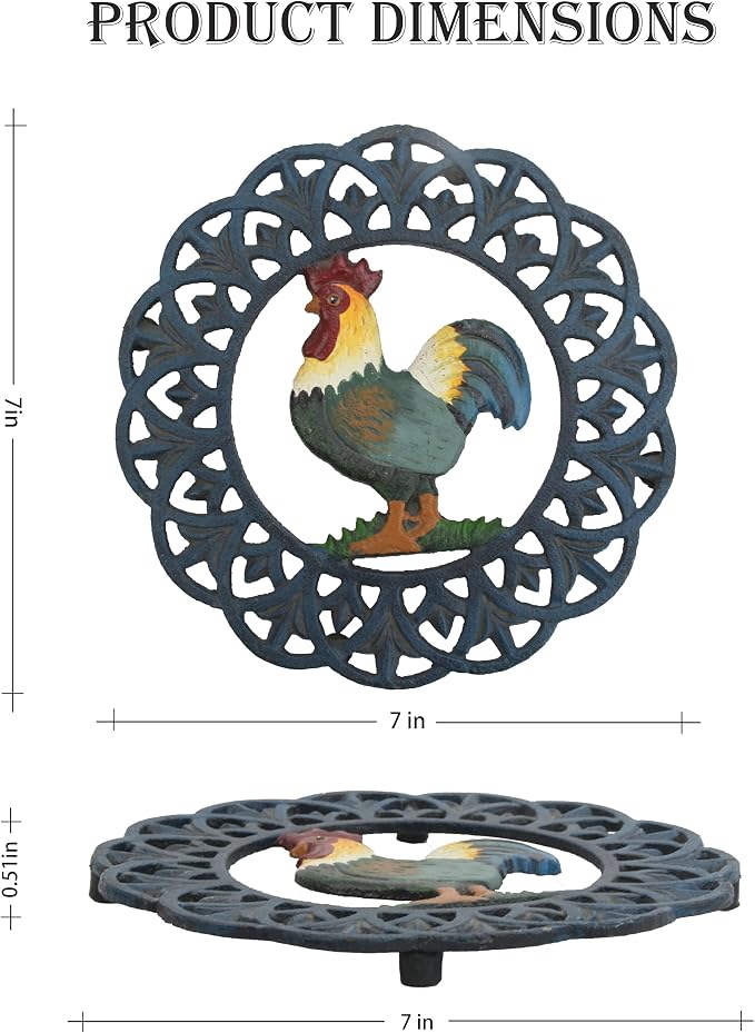 Cast Iron Rooster Trivet for Hot Dishes | Heat Resistant Metal, Rubber Pegs, 2 Pinch Mitts Included, Protects Countertop